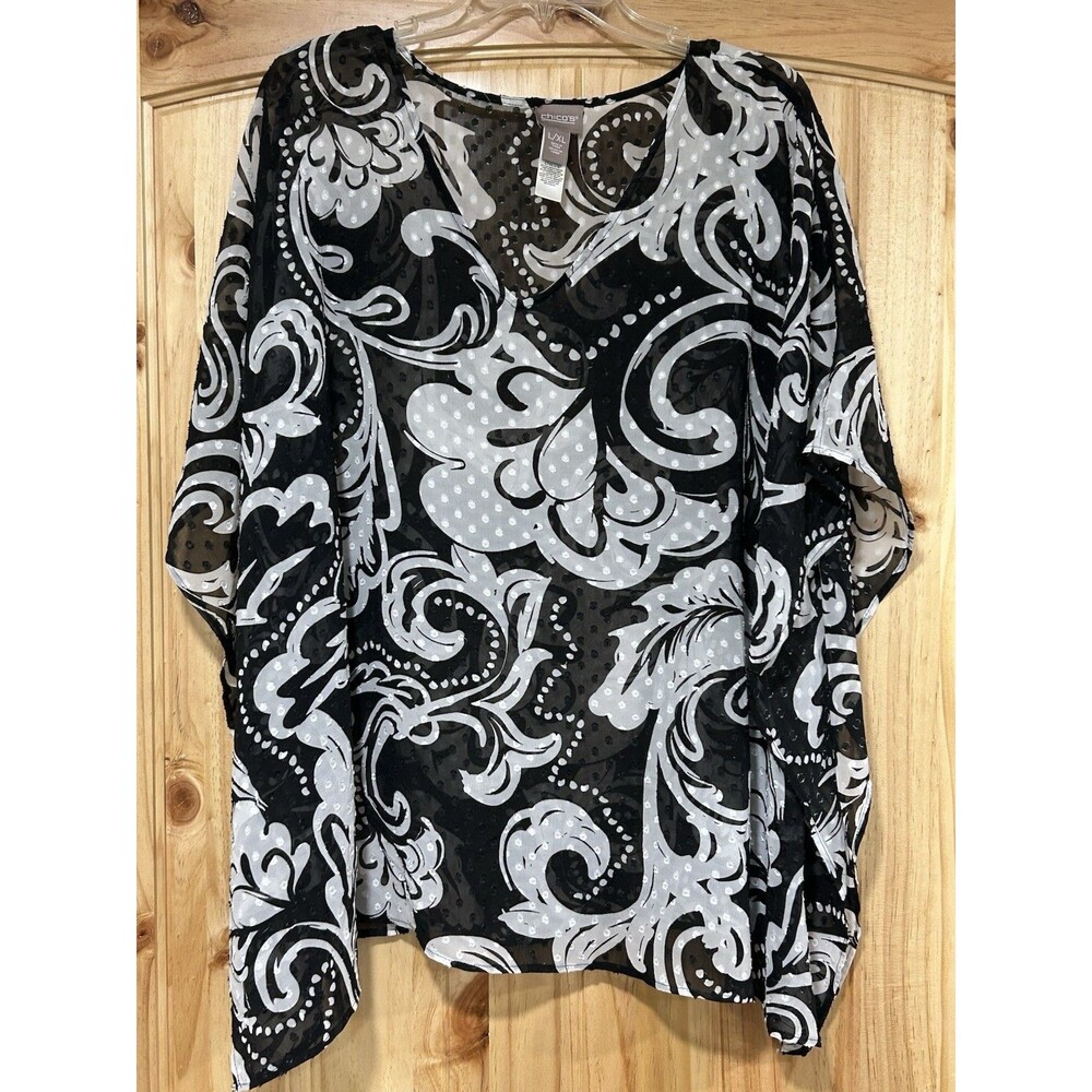 Chicos Semi Sheer Tunic Bag Sing Sleeves Black White Baroque Floral Print L/XL